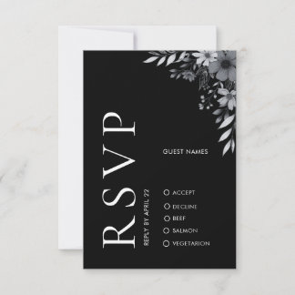 Tarjeta Pequeña Elegant Modern Black Floral Wedding RSVP Card