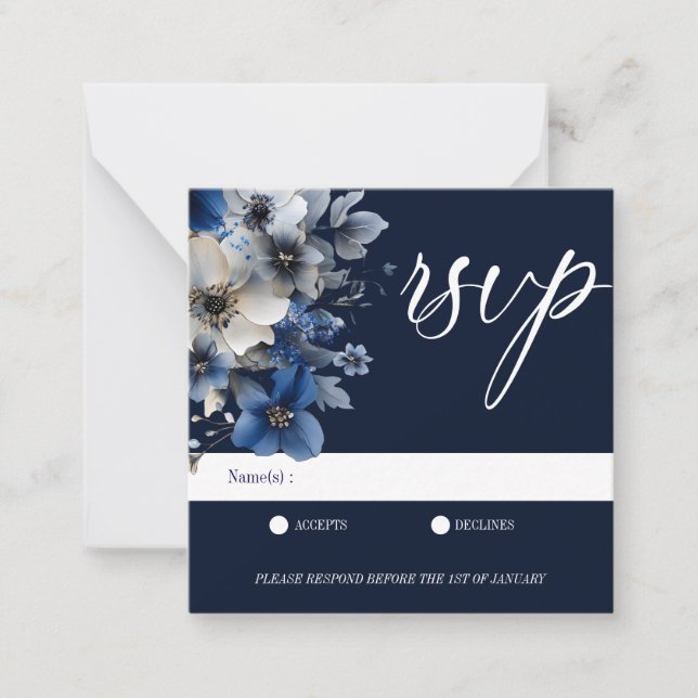 Tarjeta Pequeña Elegant Navy Blue Floral RSVP (Anverso)
