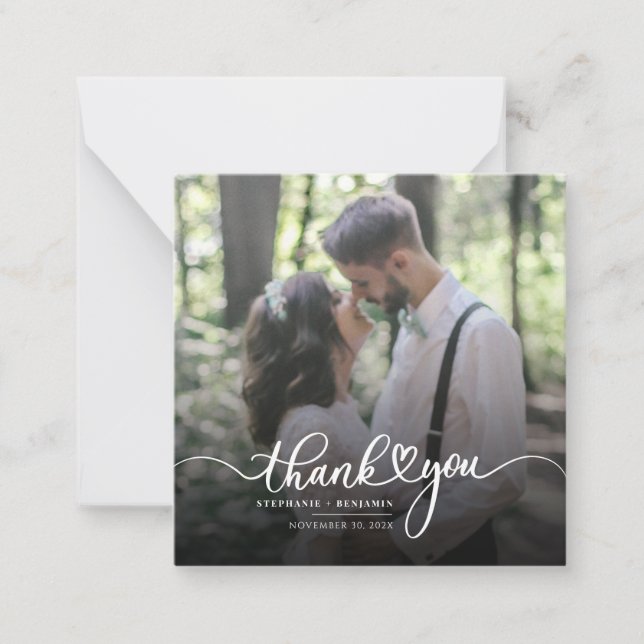 Tarjeta Pequeña Elegant Photo Script Wedding Thank You (Anverso)