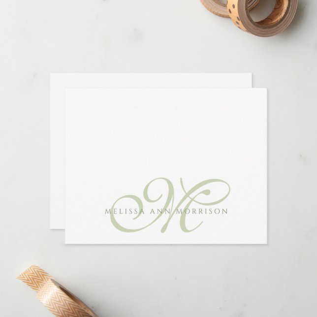 Tarjeta Pequeña Elegant Script Name Green Monogram Flat Note Card (Anverso/Reverso In Situ)