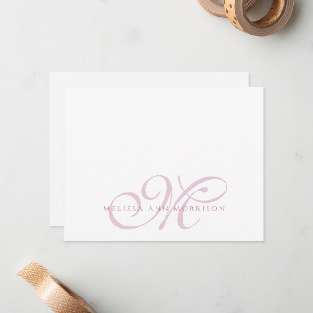 Tarjeta Pequeña Elegant Script Name Pink Monogram Flat Note Card (Anverso/Reverso In Situ)
