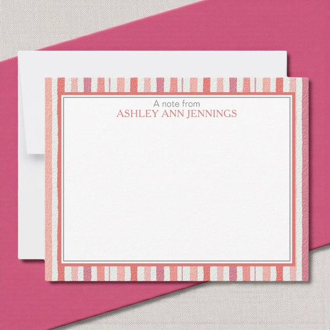 Tarjeta Pequeña Elegant Striped Pink Personalized Stationery (Elegant striped pink watercolor personalized notecard with custom name)