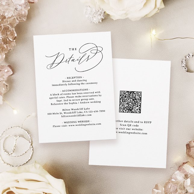 Tarjeta Pequeña Elegant Swirl Script QR Code Wedding Details (Elegant Swirl Script QR Code Wedding Details Note Card)