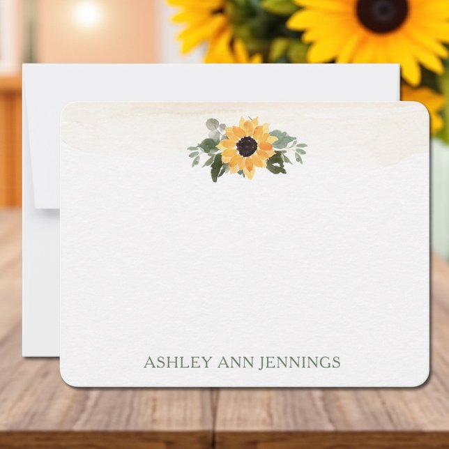 Tarjeta Pequeña Elegant Yellow Sunflower Personalized Stationery (Elegant sunflower watercolor personalized stationery notecard with custom name)