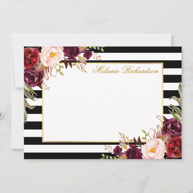 Tarjeta Pequeña Elegante acuarela Borgoña Floral striping (Anverso)