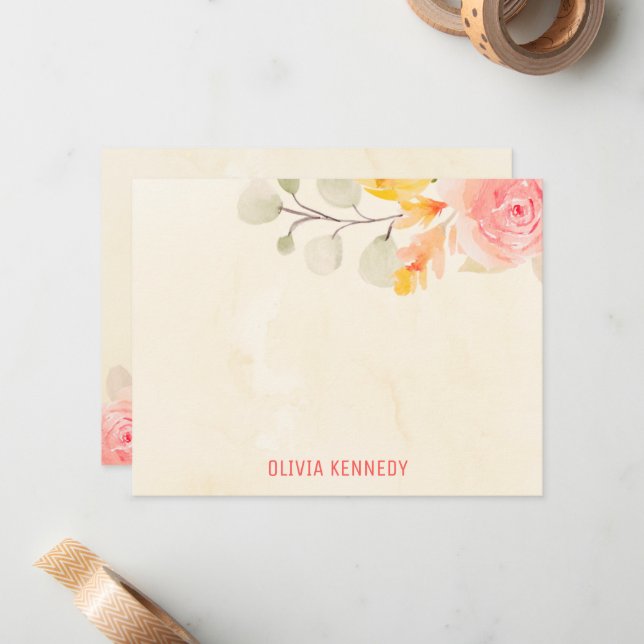 Tarjeta Pequeña Elegante acuarela Crema floral personalizada (Anverso/Reverso In Situ)