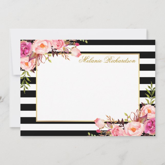 Tarjeta Pequeña Elegante acuarela de rayas florales rosadas (Anverso)