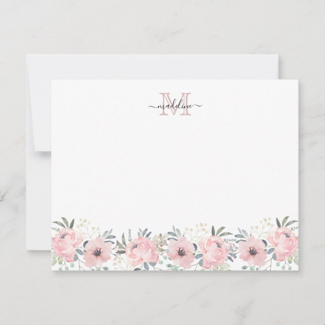 Tarjeta Pequeña Elegante acuarela Floral Rubor Monograma rosa (Anverso)