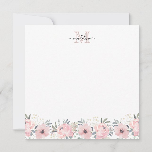 Tarjeta Pequeña Elegante acuarela Floral Rubor Monograma rosa (Anverso)