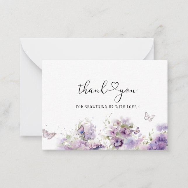 Tarjeta Pequeña Elegante acuarela Morado Floral Besos de mariposa (Anverso)