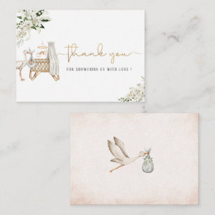 Tarjeta Pequeña Elegante acuarela Stork Baby Girl Gold White Flo