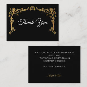 Tarjeta Pequeña Elegante agradecimiento de boda gótica negro y dor