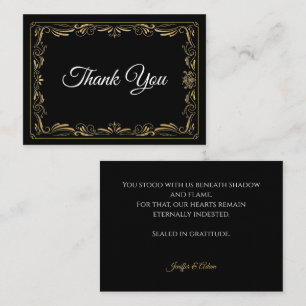Tarjeta Pequeña Elegante agradecimiento de boda gótica negro y dor
