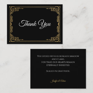 Tarjeta Pequeña Elegante agradecimiento de boda gótica negro y dor
