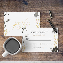 Tarjeta Pequeña Elegante Black Gold Floral Elegante Wedding RSVP