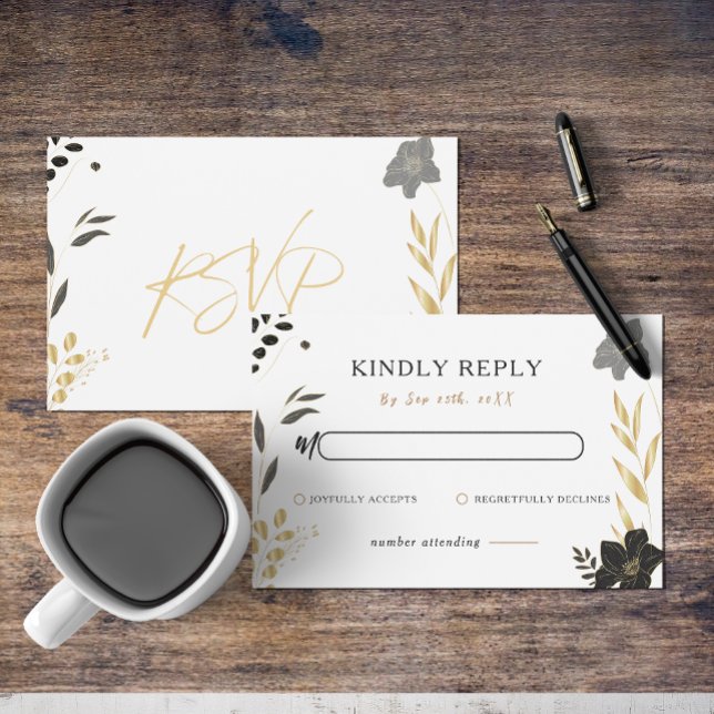 Tarjeta Pequeña Elegante Black Gold Floral Elegante Wedding RSVP (Elegant Black Gold Floral Elegant Wedding RSVP Note Card)
