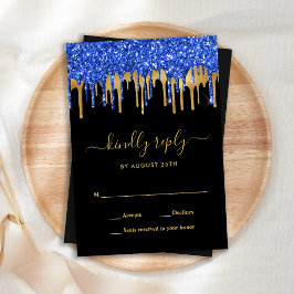 Tarjeta Pequeña Elegante Blue Gold Black Purpurina Drips Boda RSVP