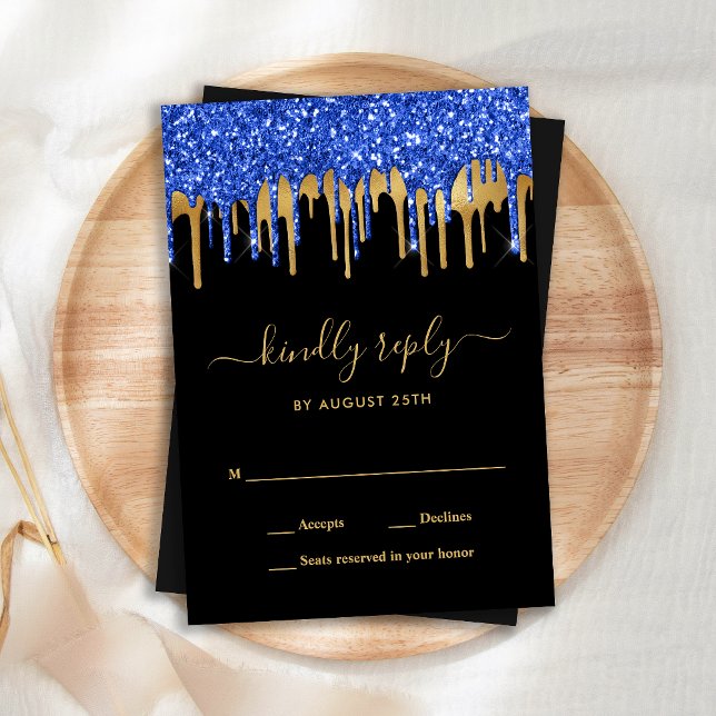 Tarjeta Pequeña Elegante Blue Gold Black Purpurina Drips Boda RSVP (Subido por el creador)