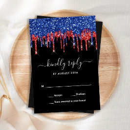 Tarjeta Pequeña Elegante Blue Red Black Purpurina Drips Boda RSVP