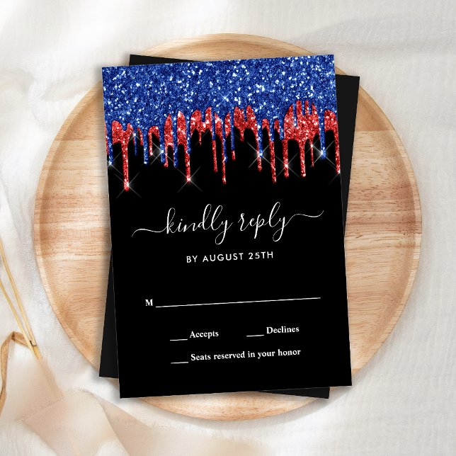 Tarjeta Pequeña Elegante Blue Red Black Purpurina Drips Boda RSVP (Subido por el creador)