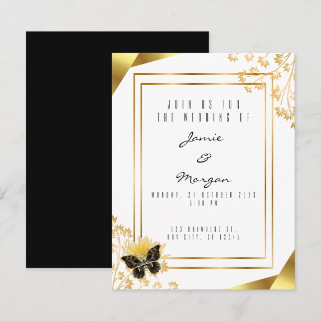 Tarjeta Pequeña Elegante Boda blanco negro y mariposa brillante (Anverso / Reverso)