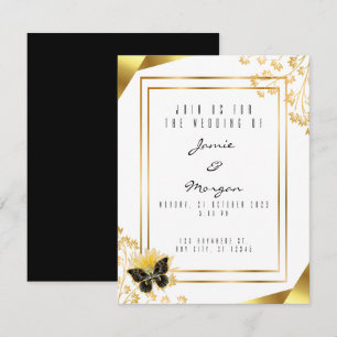 Tarjeta Pequeña Elegante Boda blanco negro y mariposa brillante