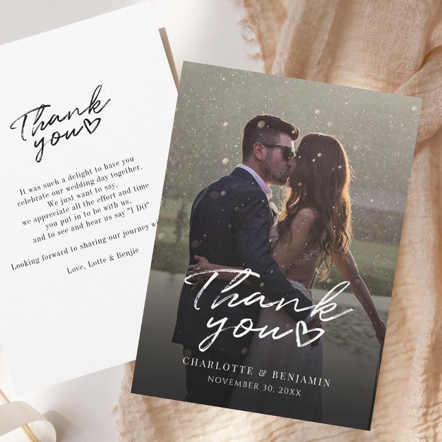 Tarjeta Pequeña Elegante Boda de fotos moderno guion (Elegant Script Modern Photo Wedding Thank You Note Card)