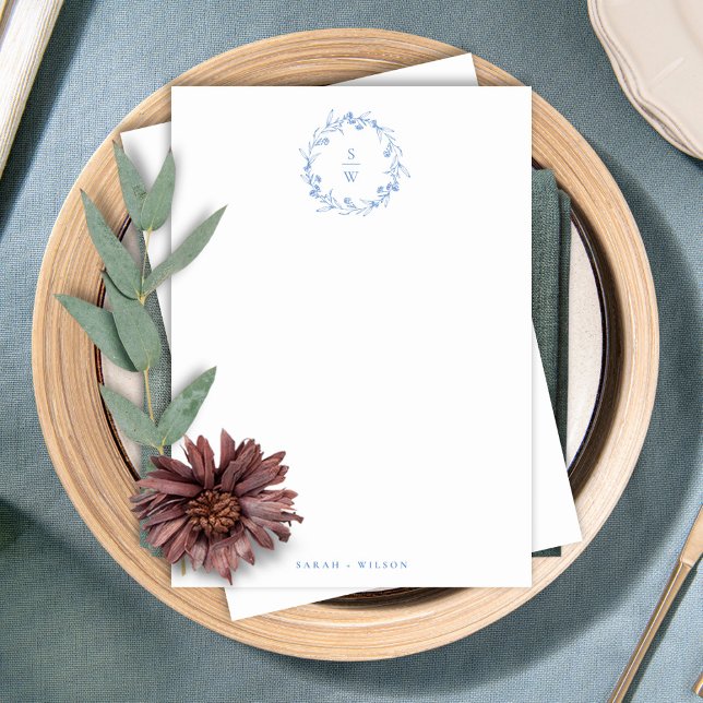 Tarjeta Pequeña Elegante Boda de Monograma de Laurel Floral Azul (Subido por el creador)