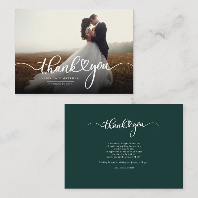 Tarjeta Pequeña Elegante Boda fotográfico manuscrito Gracias (Anverso / Reverso)