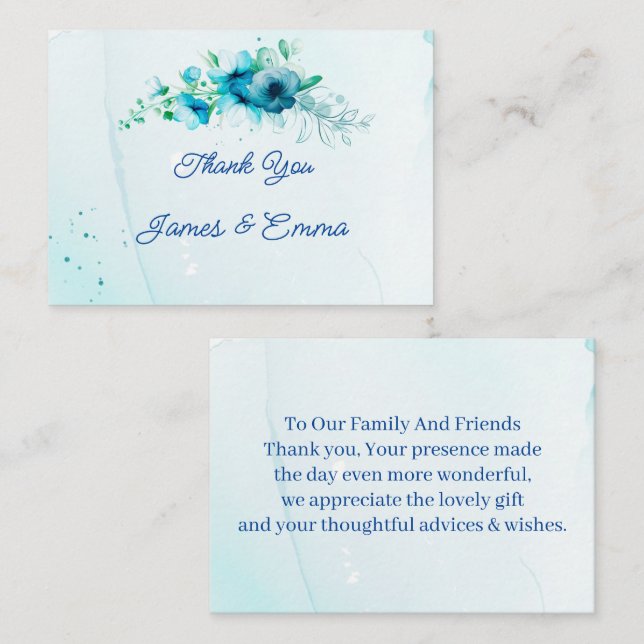 Tarjeta Pequeña Elegante Boda personalizado de Flor Azul Gracias (Anverso / Reverso)