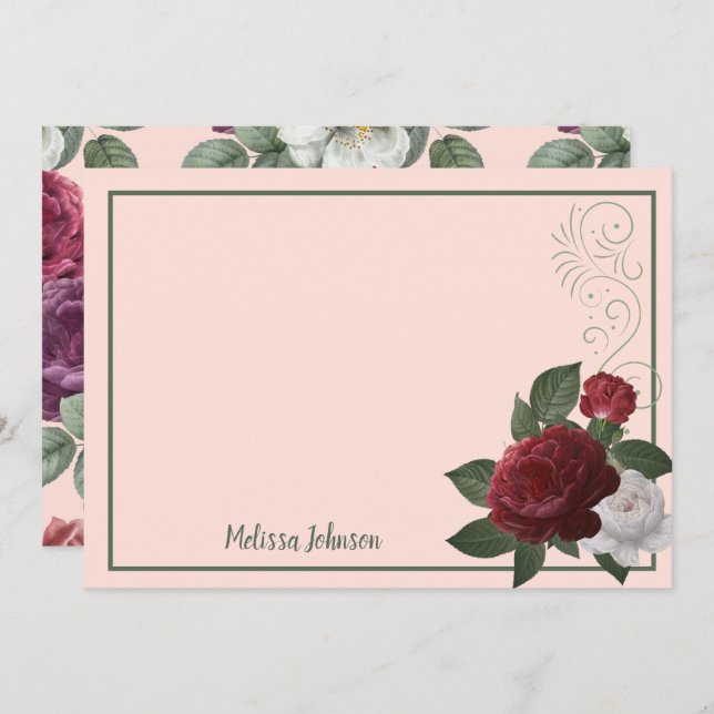 Tarjeta Pequeña Elegante Borgoña y Floral Rosa Personalizada (Anverso / Reverso)