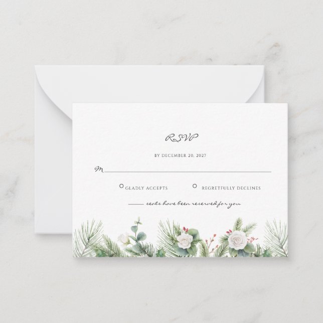 Tarjeta Pequeña Elegante botánico de hojas de flores Boda RSVP (Anverso)