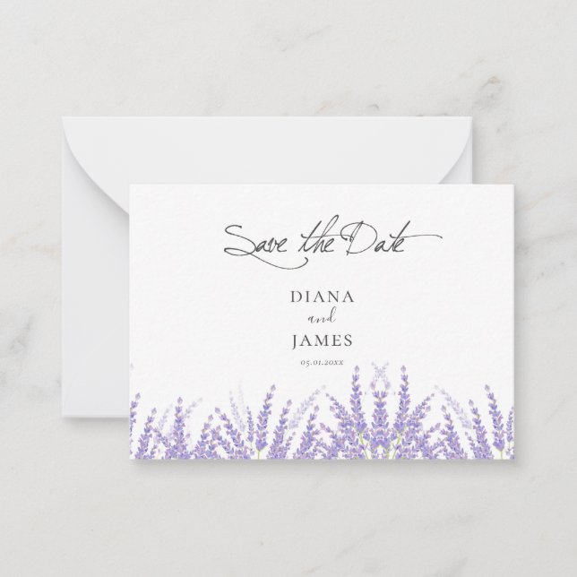 Tarjeta Pequeña Elegante Calligraphy Lavender Guardar fecha (Anverso)