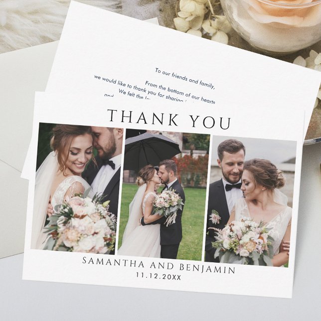Tarjeta Pequeña Elegante Collage de Fotos del Día de la Boda Agrad (Custom 3 Photos Wedding Thank You Card)