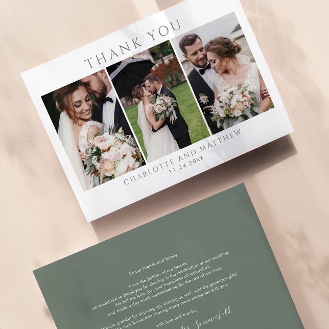 Tarjeta Pequeña Elegante Día de la Boda Collage de fotos Gracias (Wedding Thank You Photo Collage)