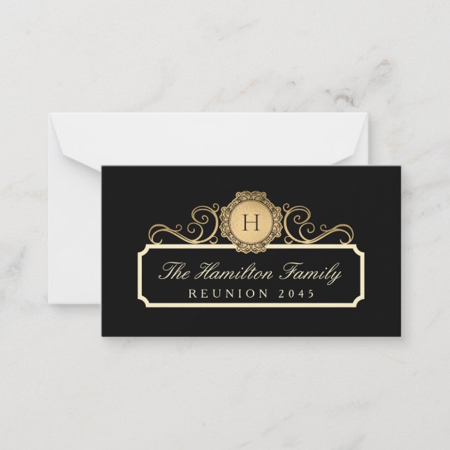 Tarjeta Pequeña Elegante familia Reunión Monograma Dorado Negro (Anverso)