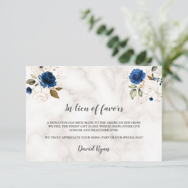Tarjeta Pequeña Elegante floral de oro azul de la marina en lugar  (Anverso de pie)