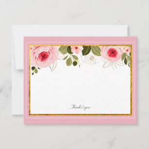 Tarjeta Pequeña Elegante floral rosa y marco dorado "Gracias"