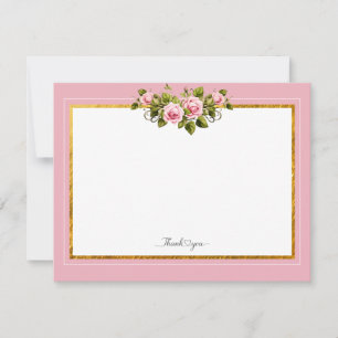 Tarjeta Pequeña Elegante Floral Rosa y Marco Dorado "Gracias" 