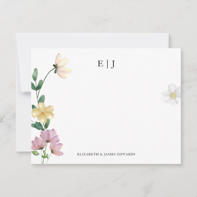 Tarjeta Pequeña Elegante Flores Silvestres Pareja Iniciales Floral (Anverso)