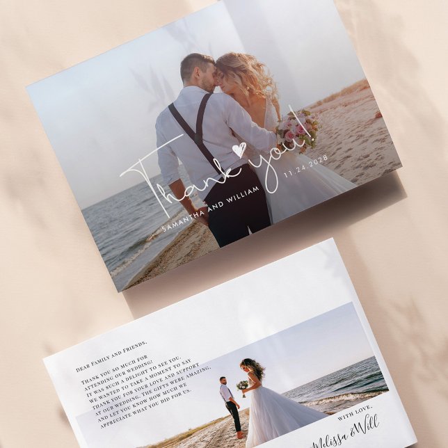 Tarjeta Pequeña Elegante foto Boda con letras de mano gracias (Wedding Day Photos Thank You Card Front and Back on Zazzle by Milestone Hub)