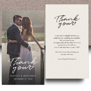 Tarjeta Pequeña Elegante foto Boda con letras de mano gracias