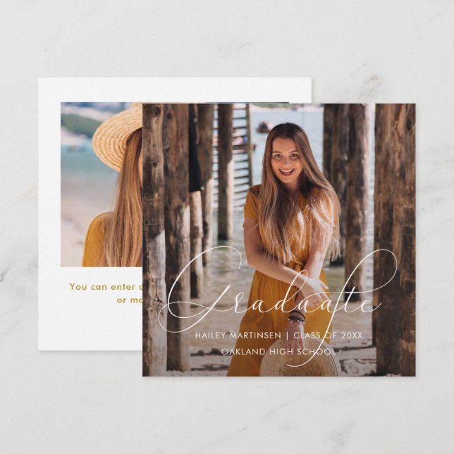 Tarjeta Pequeña Elegante foto de escritura blanca de grado (Anverso / Reverso)