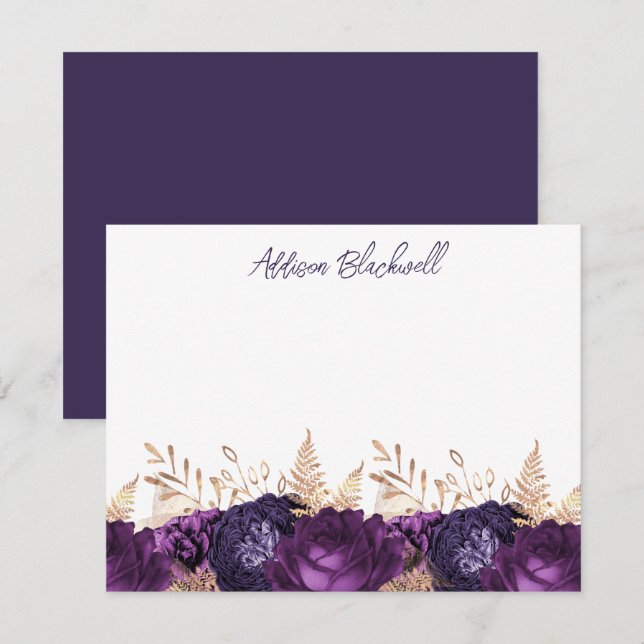Tarjeta Pequeña Elegante Gold Purple Flowers Nombre Personalizado (Anverso / Reverso)