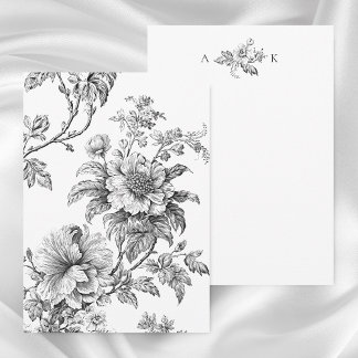 Tarjeta Pequeña Elegante grabado B&W Floral con Monograma