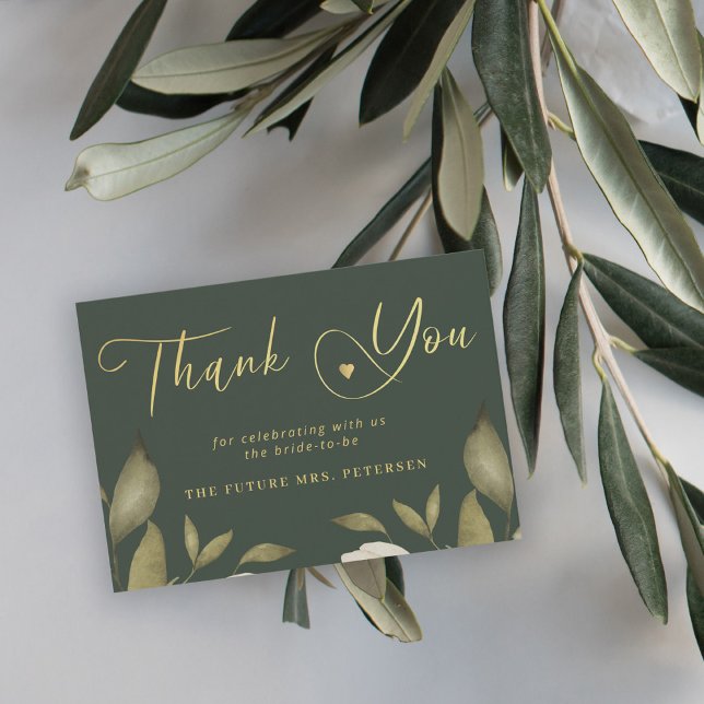 Tarjeta Pequeña Elegante guión dorado verde ducha de novia gracias (Subido por el creador)