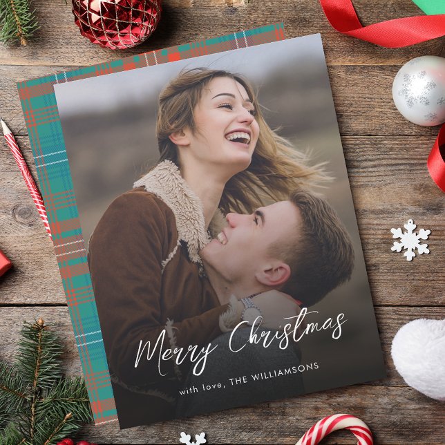 Tarjeta Pequeña Elegante guión Feliz Navidad Wilson Tartan Photo (Elegant Script Merry Christmas Wilson Tartan Photo Note Card)