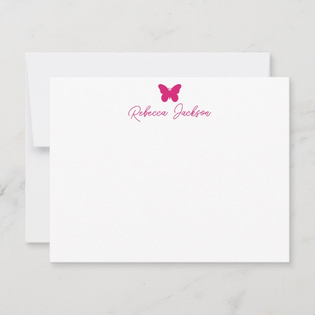 Tarjeta Pequeña Elegante Guión Giral Nombre Mariposa Magenta Rosa (Anverso)