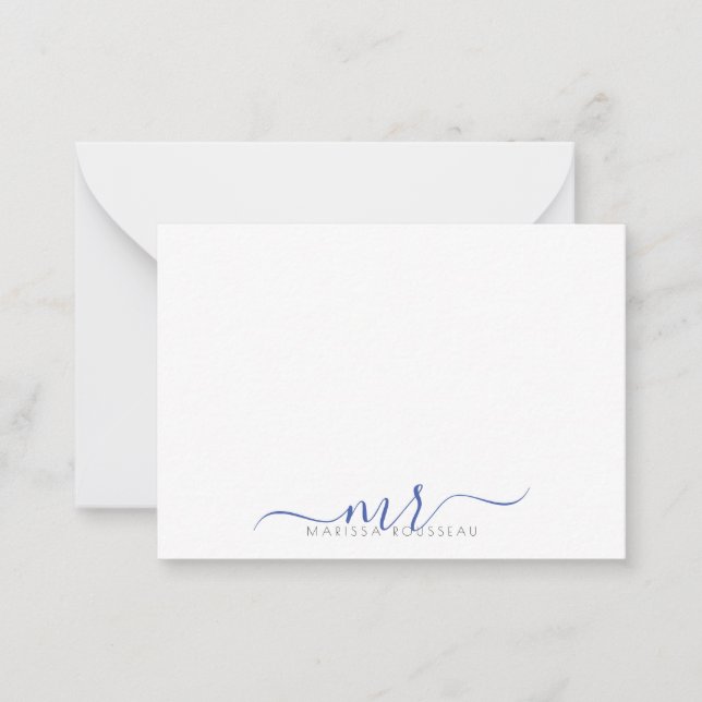 Tarjeta Pequeña Elegante guión moderno Monograma Iniciales azules (Anverso)
