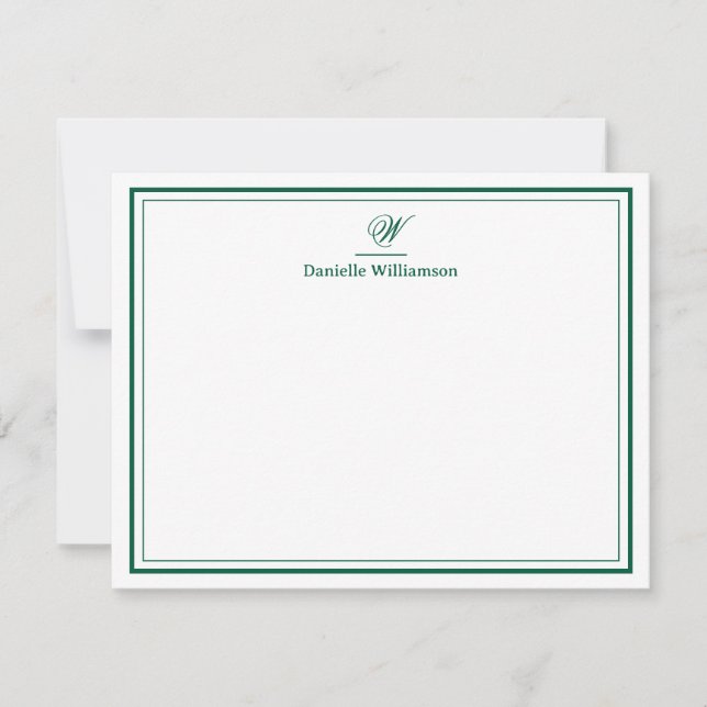 Tarjeta Pequeña Elegante Hunter Verde Monograma Doble Borde Blanco (Anverso)